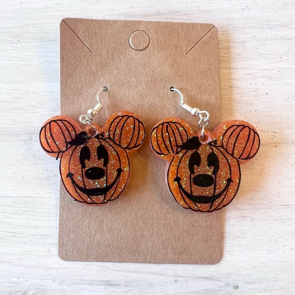 🧡 MICKEY MOUSE Halloween Pumpkin Orange Glitter Lightweight Earrings NEW - Picture 3 of 4